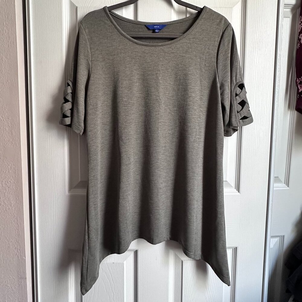 Apt 9 Women's Large Olive Green Sharkbite Hem Top Criss-Cross Elbow Sleeves